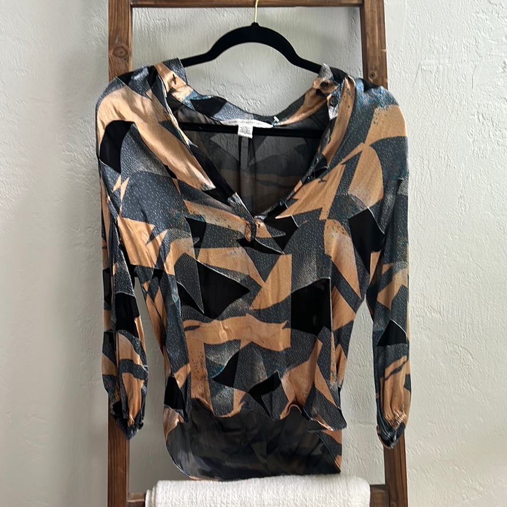Vintage Diane von Furstenberg Silk and Mesh Geometric Blouse